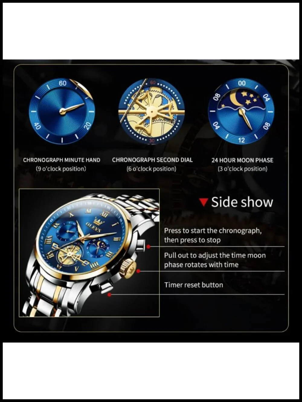 Luxury Waterproof Big Face Stainless Steel Multifunction Mens Watch